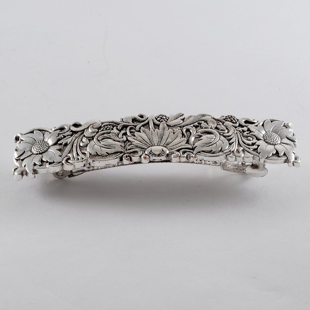 Hair Barrette Silver Tone Metal Sunflower Vines Top Hair Accessory 3/4"x 3 1/4"